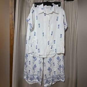 White & Blue Embroidered Cotton Pantsuit - Lightweight Button-Up Set